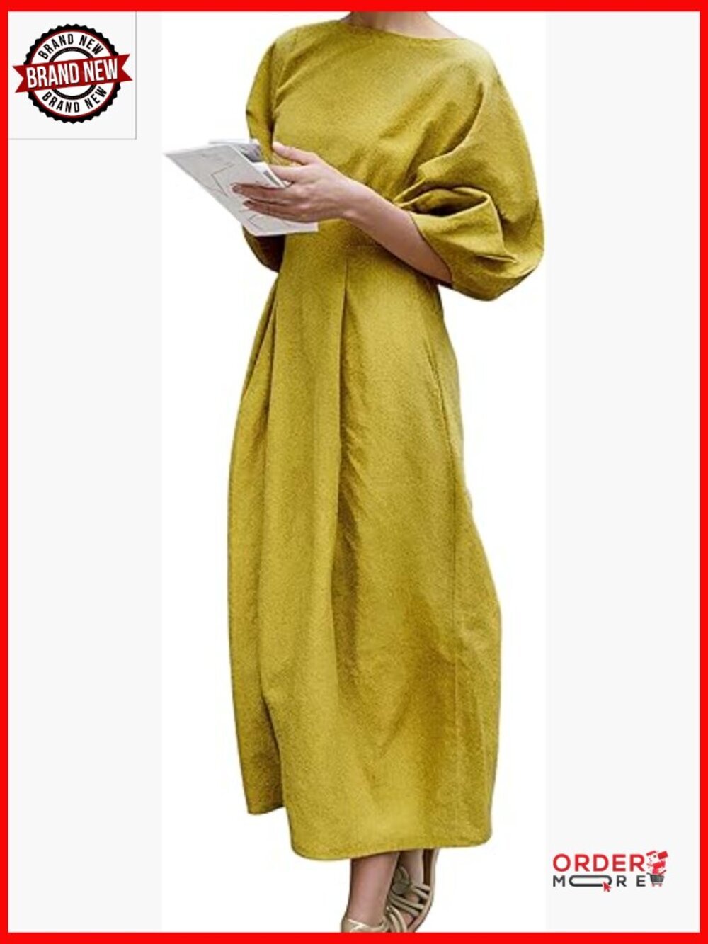 Vintage Linen Midi Dress Puff Sleeves Empire Waist Casual with Pockets